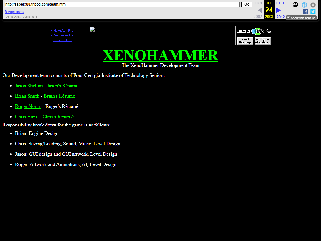 Preview of the Tripod team page exhibit
